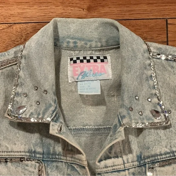Vintage 1980s Hand Beaded and Embellished Extra Blues Jean Jacket Size M - Picture 4 of 16
